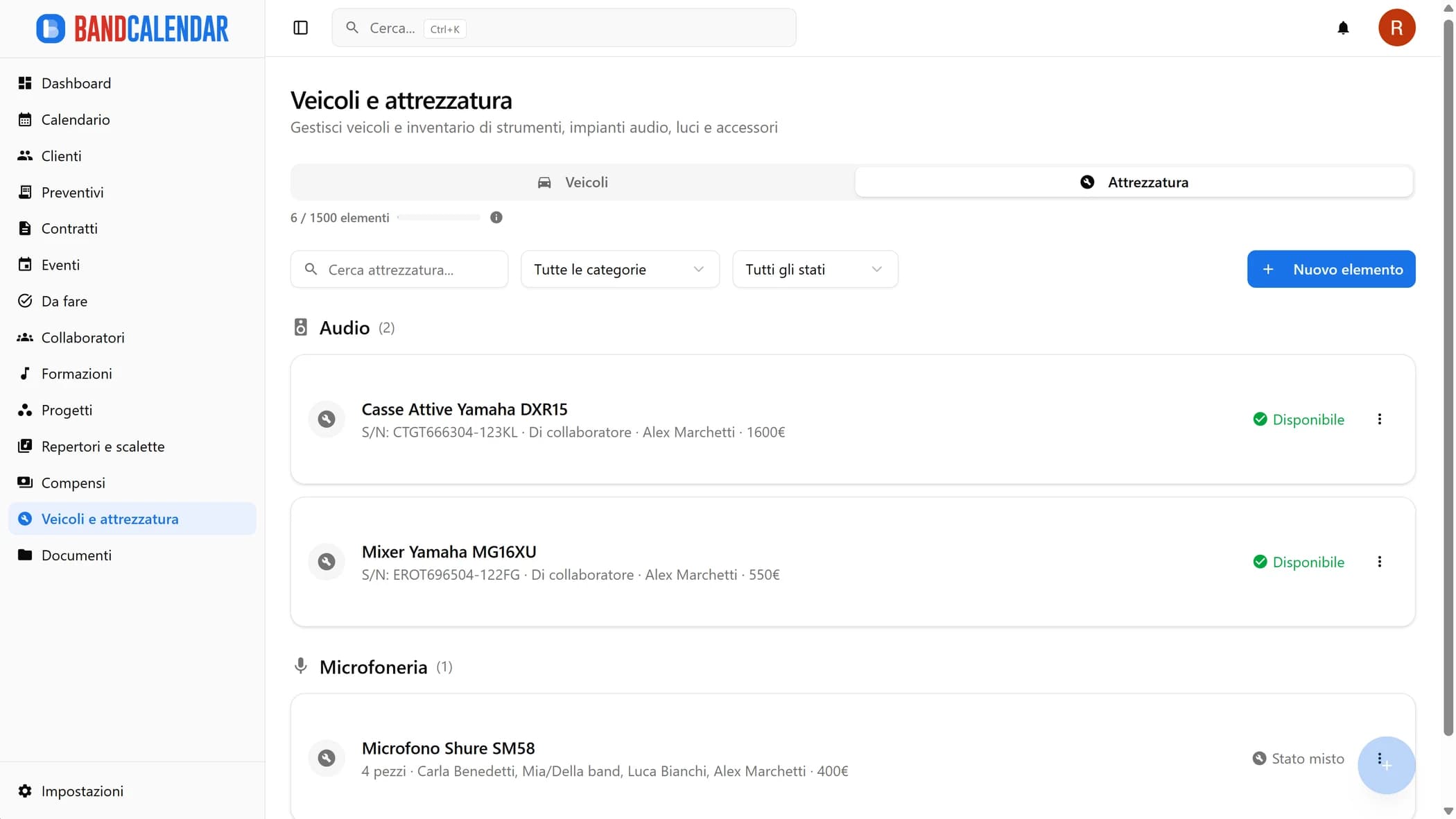 Lista attrezzatura con categorie, stato e proprietà