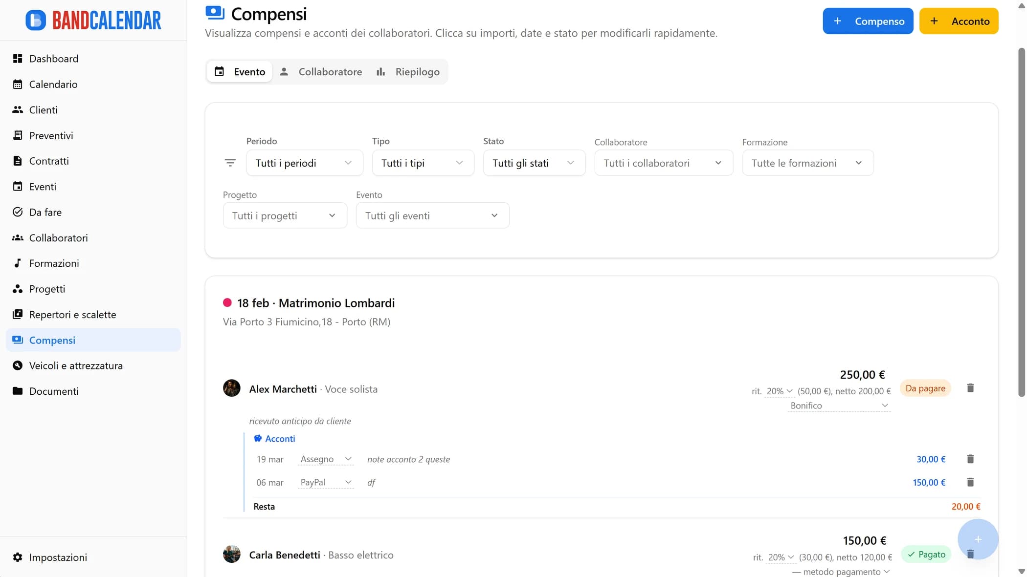 Vista compensi per evento con importi lordi, ritenute e netti