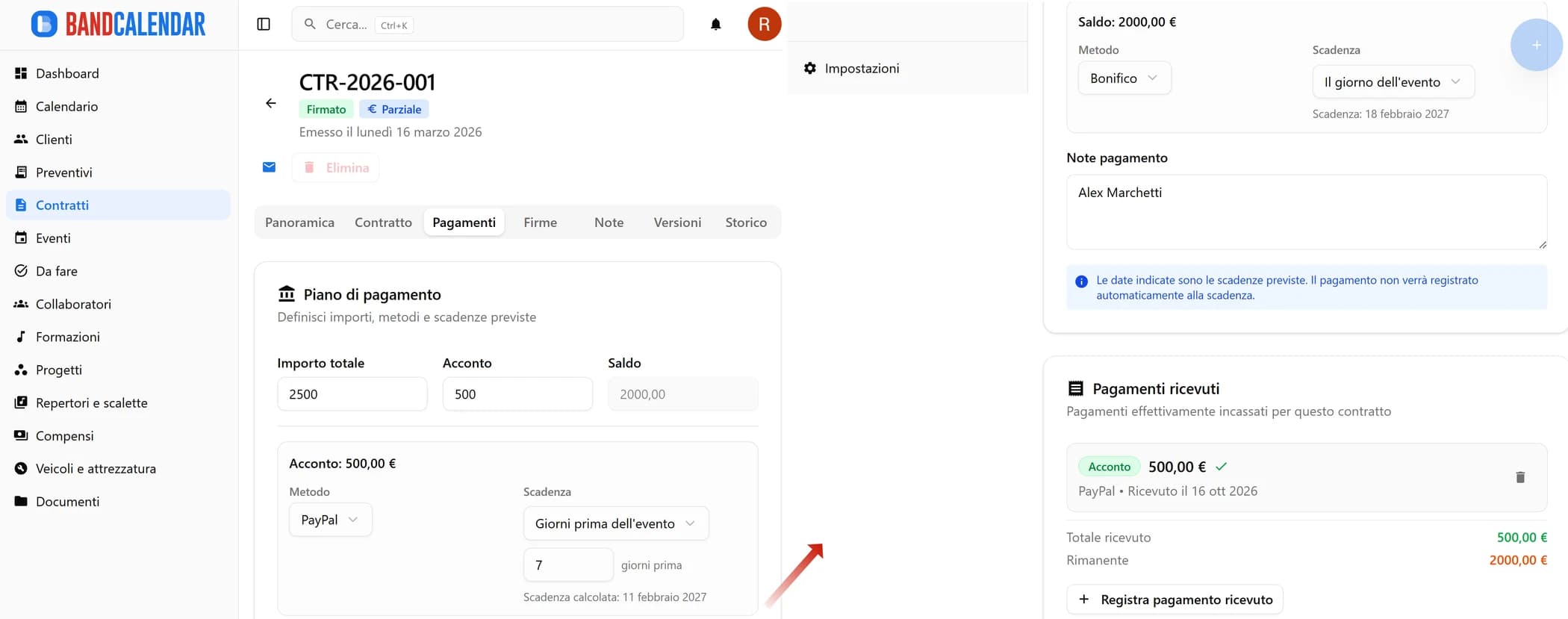 Tab Pagamenti con lista dei versamenti ricevuti e saldo residuo