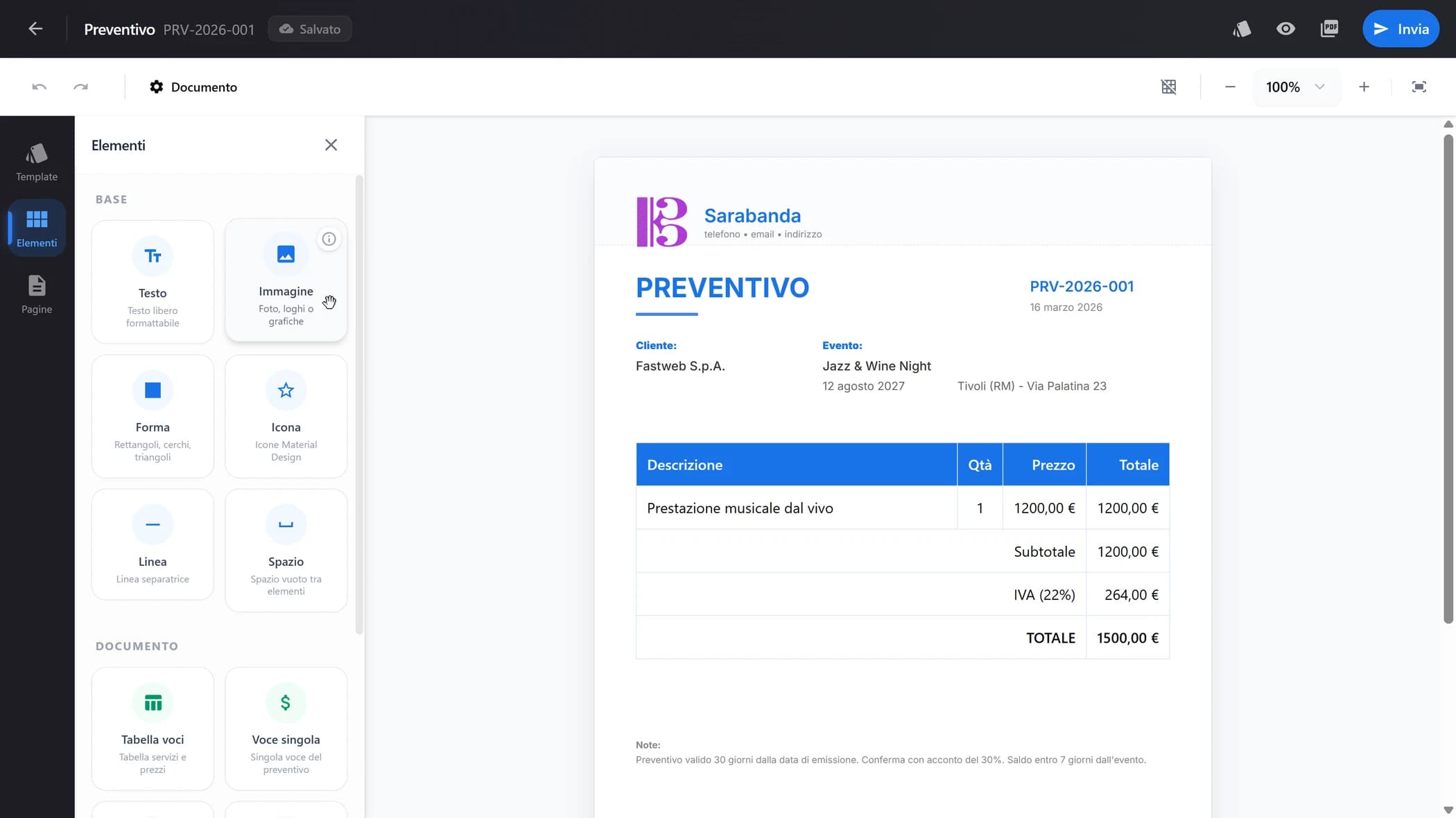 Editor del preventivo con template di contenuto e layout applicati