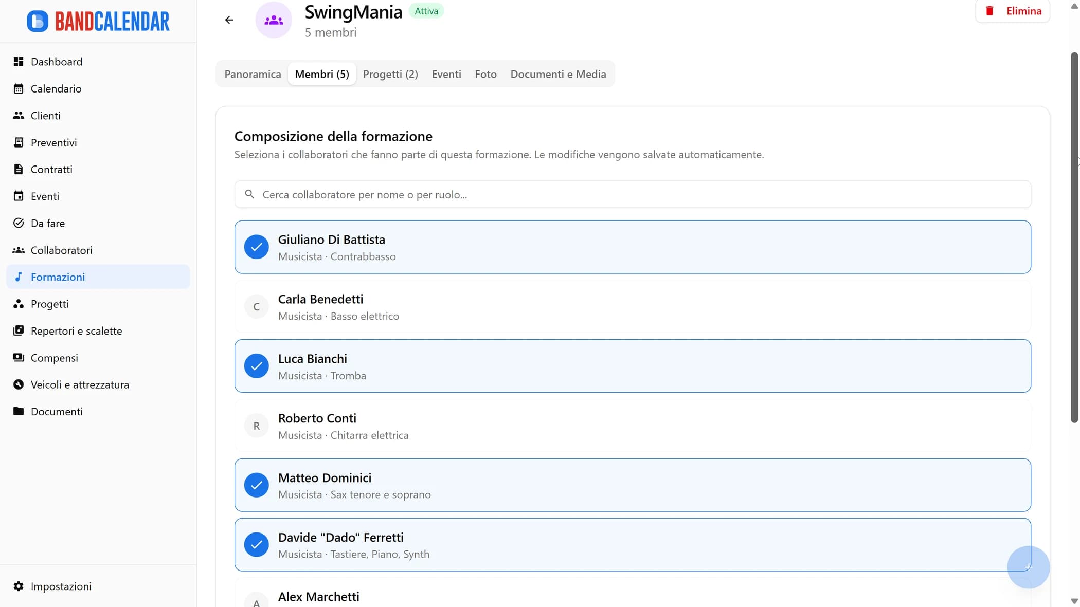 Tab Membri con i collaboratori della formazione e i loro ruoli