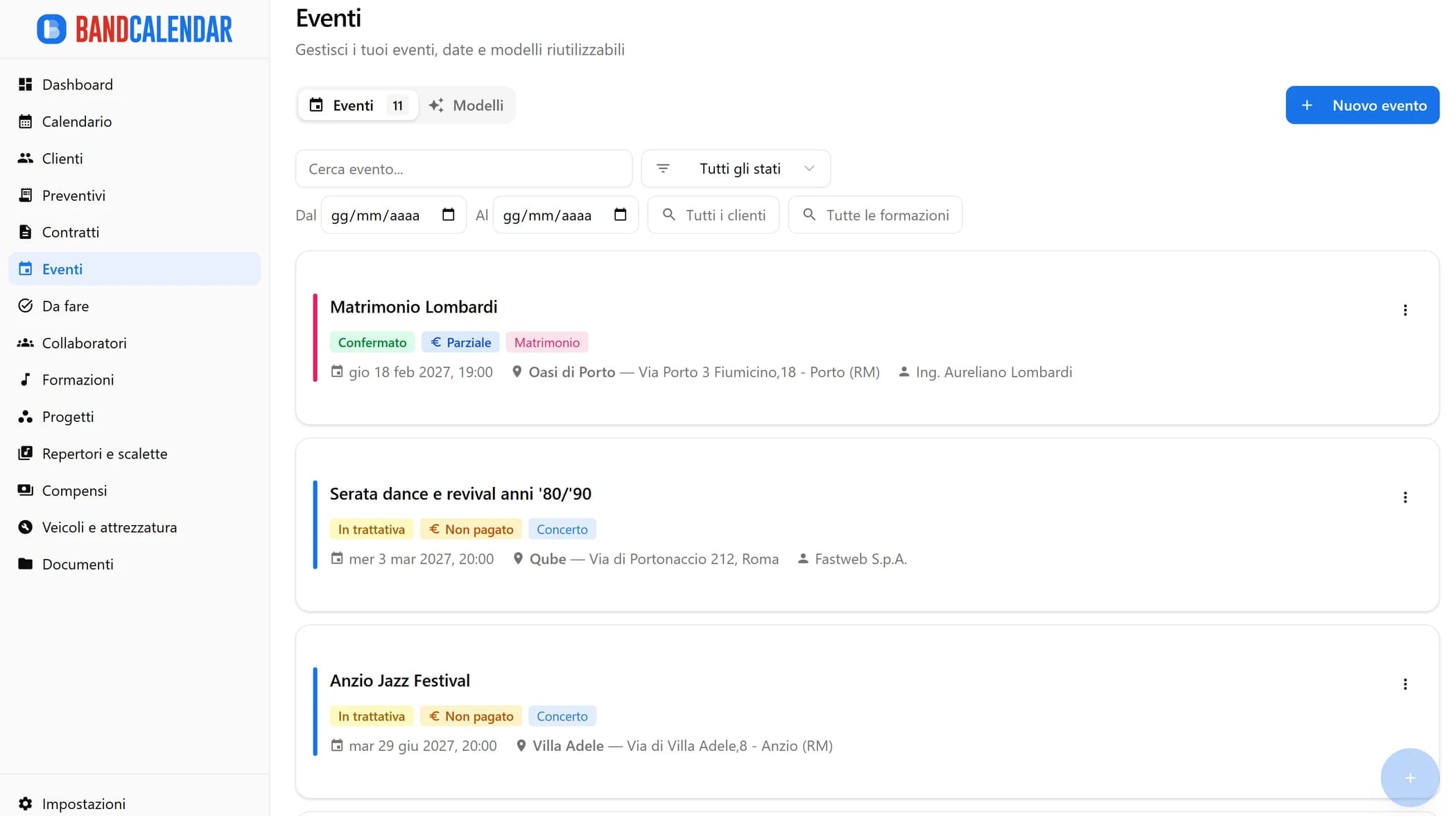 Lista eventi con stati e filtri