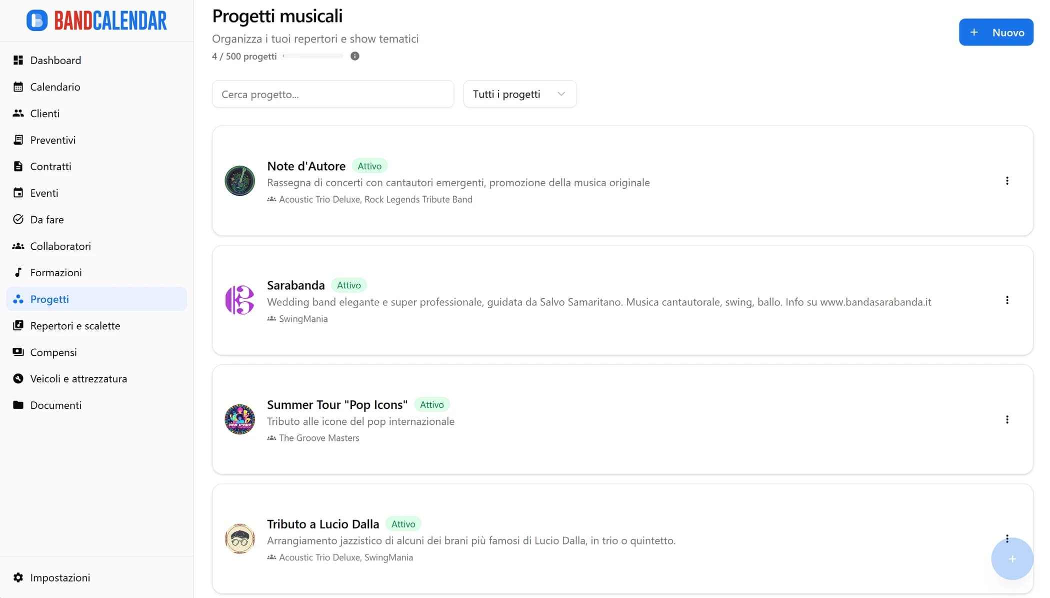 Lista progetti con card informative