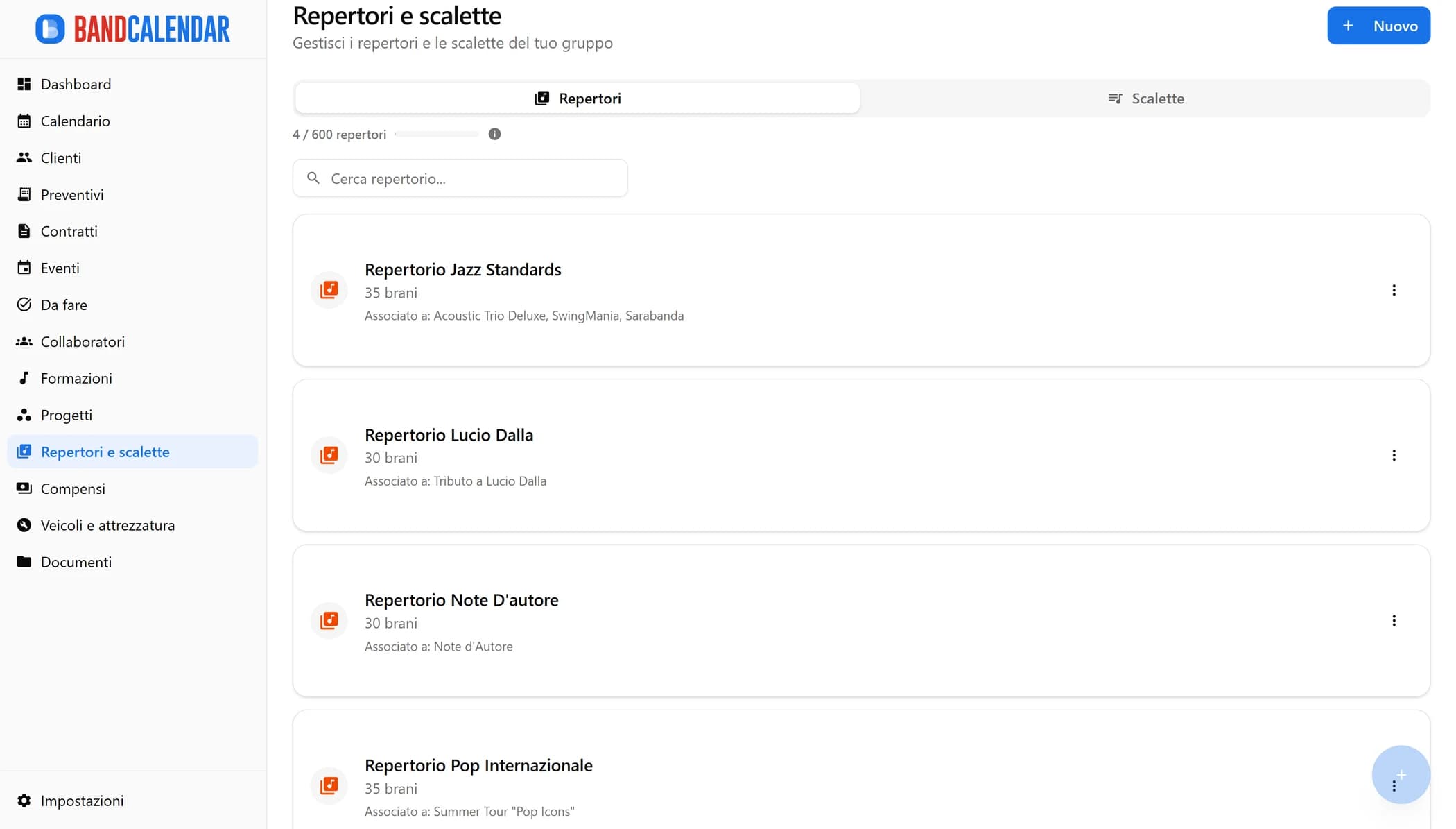Lista repertori con conteggio brani e durata totale