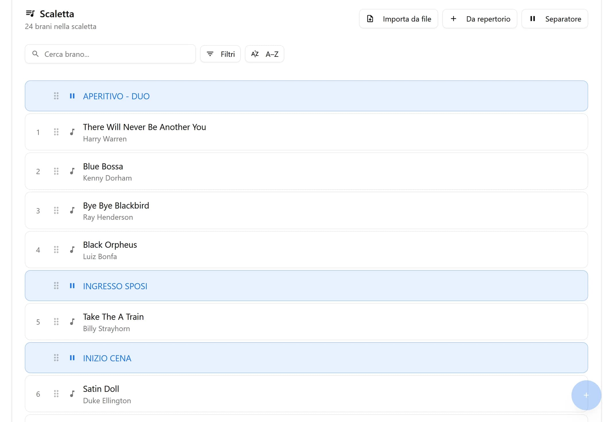 Scaletta evento con brani in ordine e durata totale