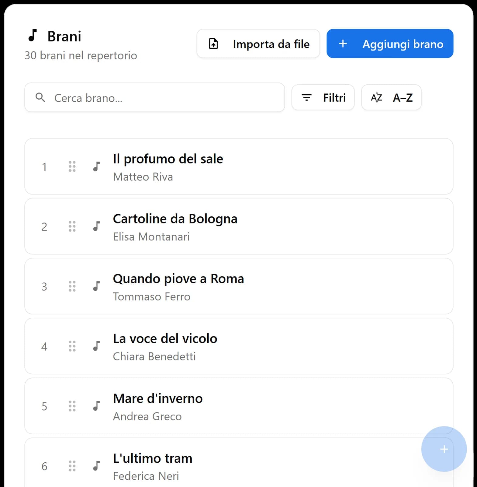 Scaletta brani per matrimonio in BandCalendar — selezione brani del cliente con legenda colori, drag and drop e note personalizzate