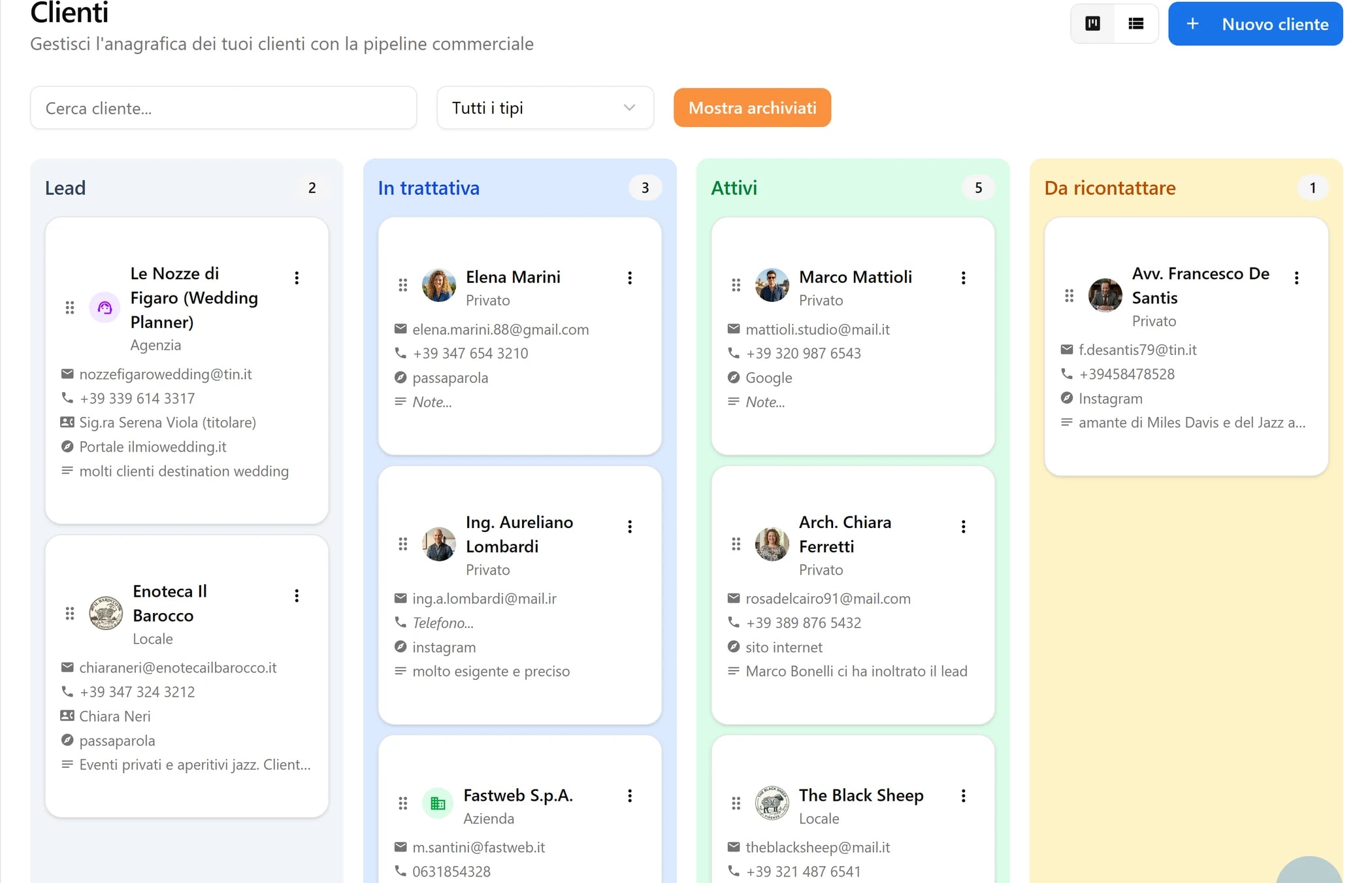 Pipeline Kanban clienti in BandCalendar per gestire contatti, trattative e stato dei clienti