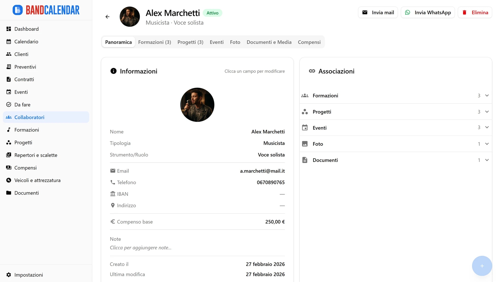 Scheda collaboratore BandCalendar con panoramica, contatti, compensi, formazioni e documenti