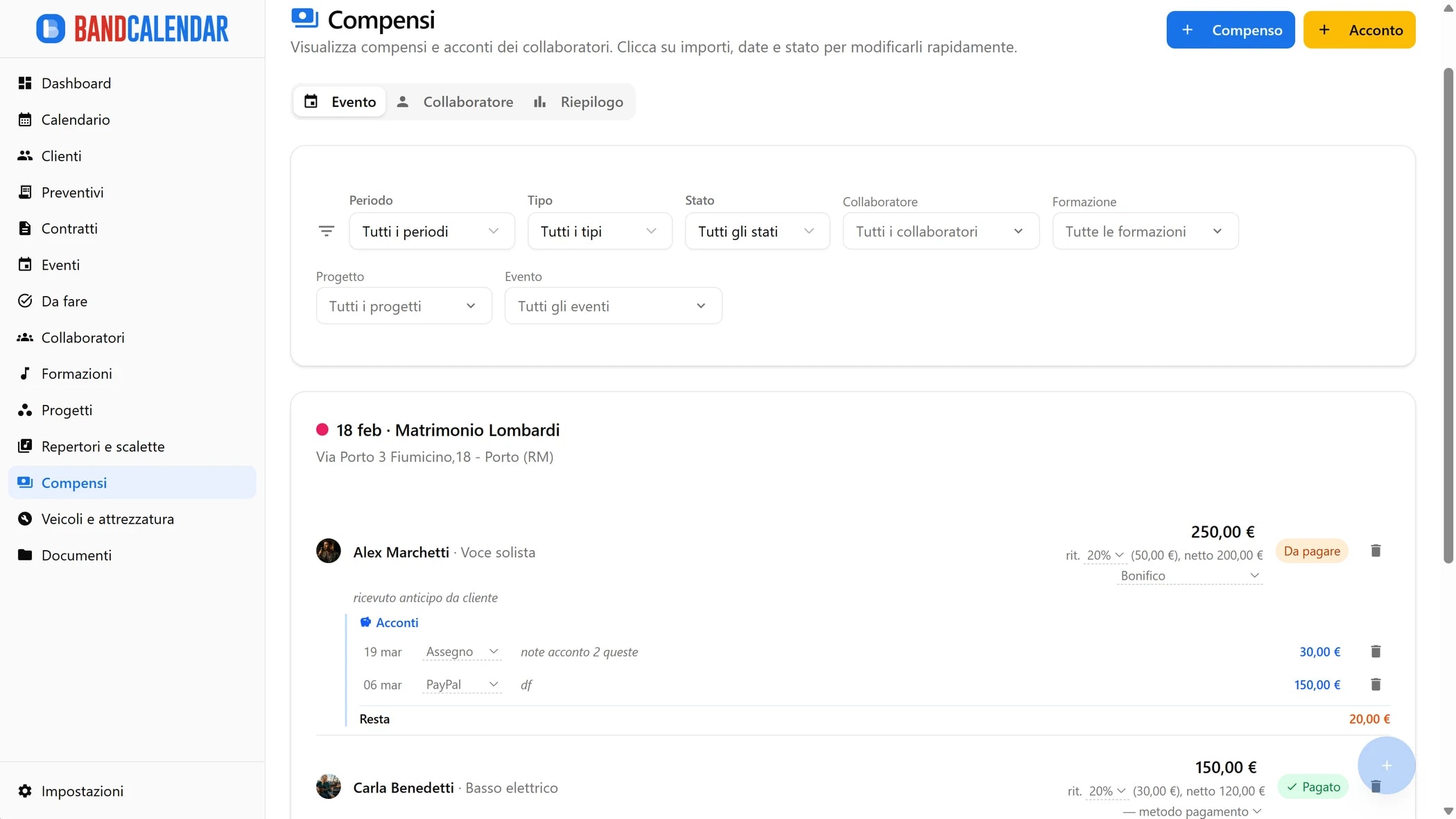 Vista compensi per evento BandCalendar con importi lordi, ritenute, netti, acconti e stato pagamento
