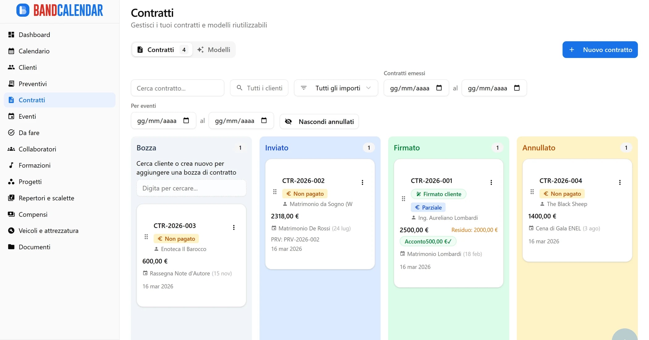 Sezione contratti BandCalendar in vista Kanban con stati firma e indicatori di pagamento