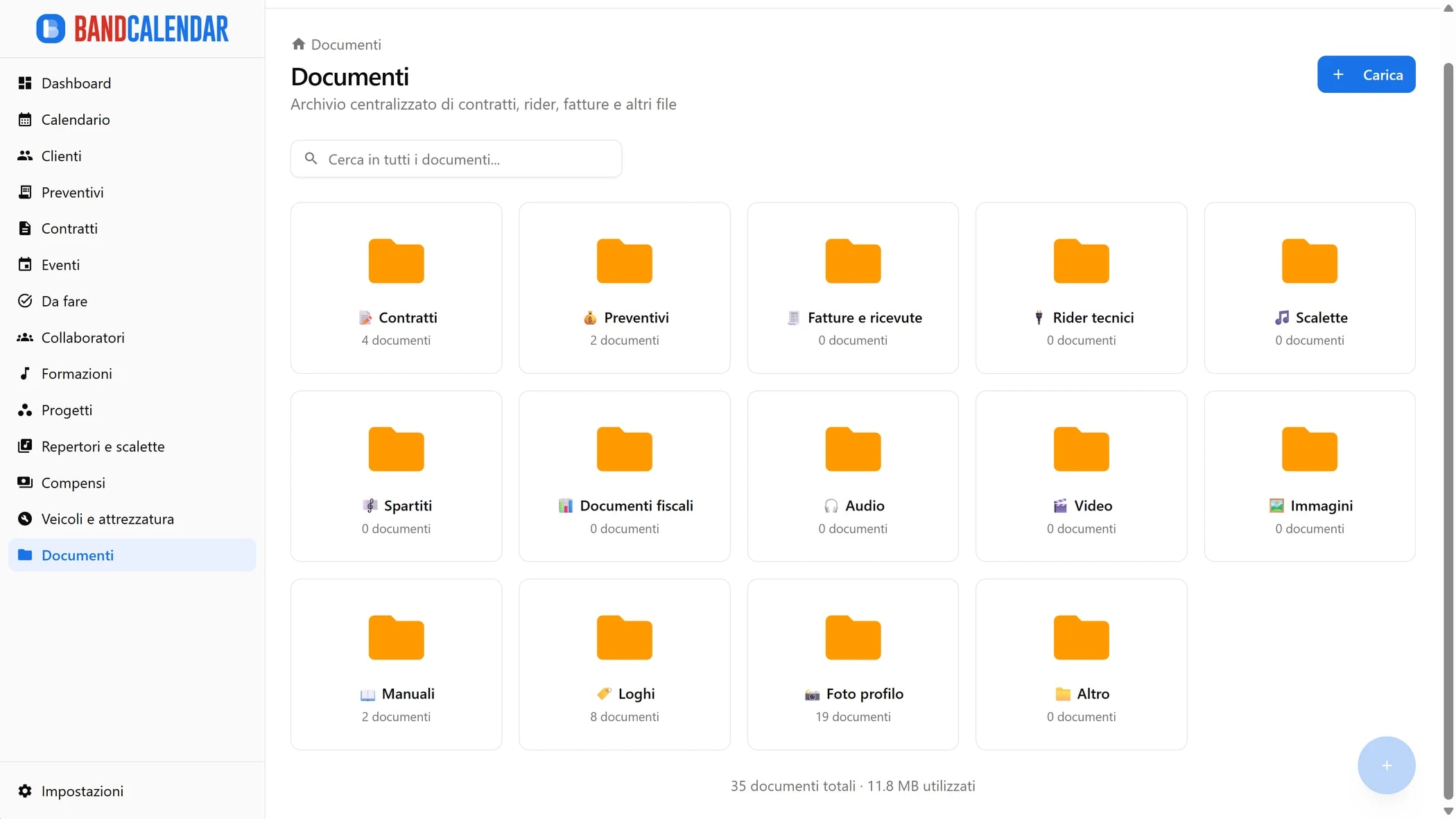 Archivio documenti BandCalendar con navigazione per categorie, miniature, file e cartelle