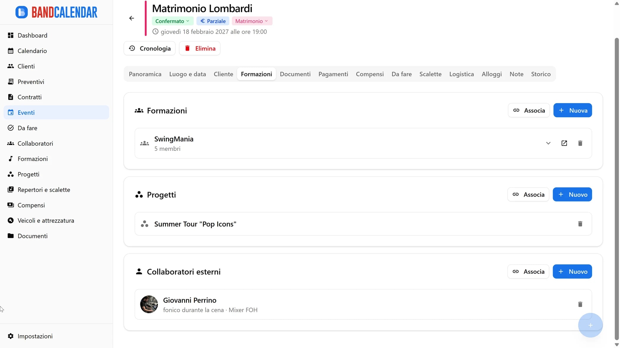 Tab formazioni e collaboratori evento BandCalendar per assegnare musicisti, progetti e sostituzioni
