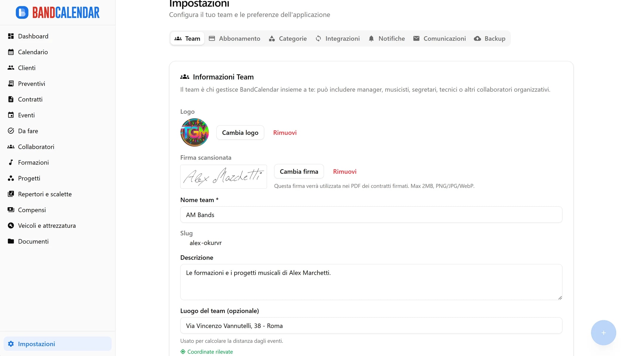 Impostazioni team BandCalendar con logo, firma del titolare, dati band e gestione membri