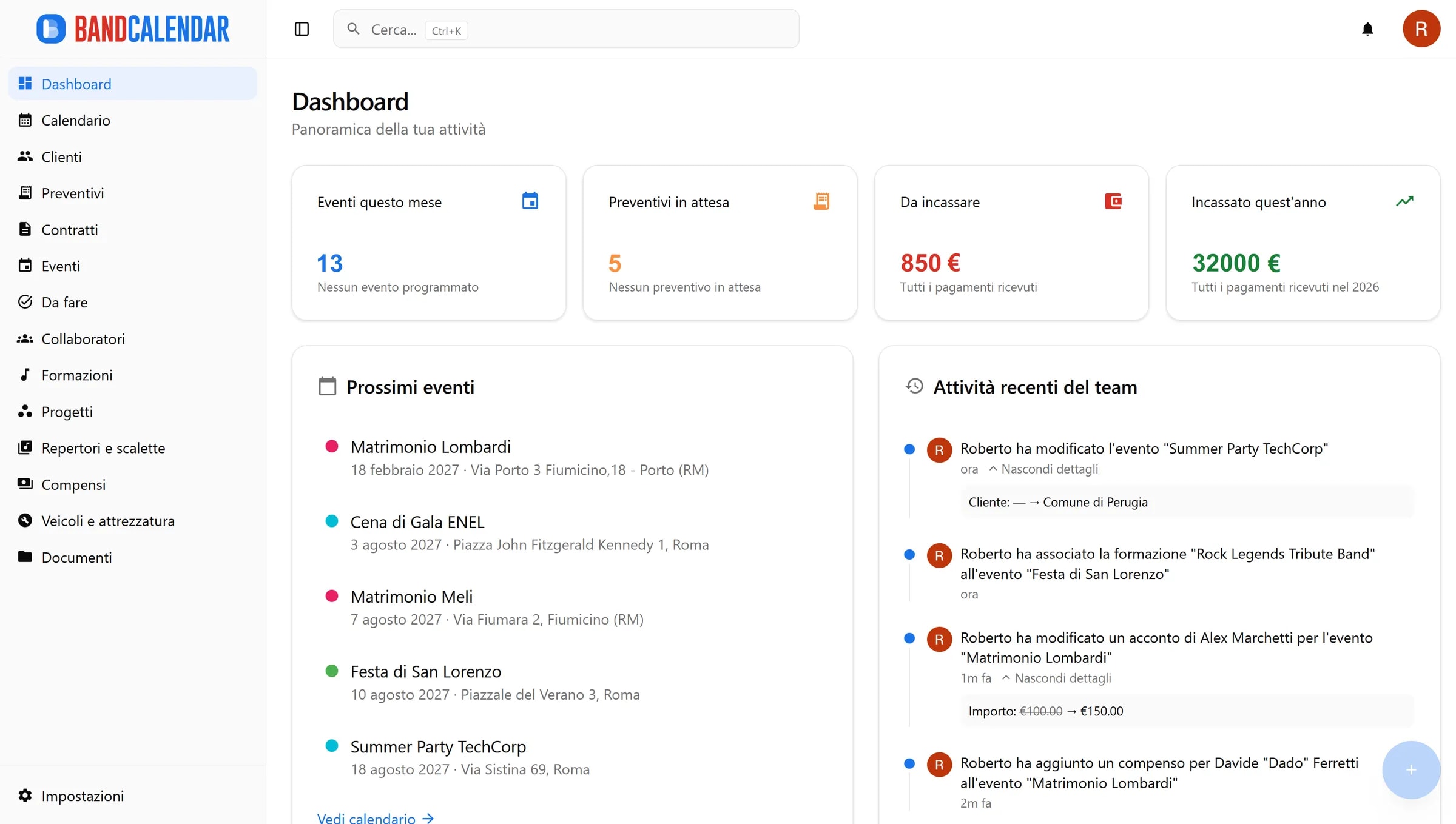 Interfaccia BandCalendar con menu laterale per navigare tra dashboard, calendario, clienti, preventivi, eventi e documenti