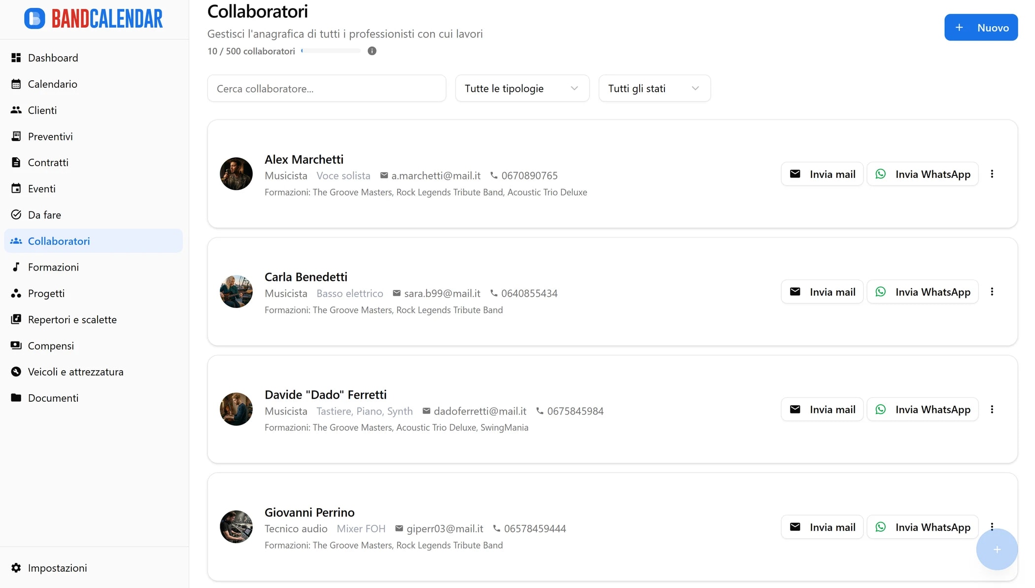 Lista collaboratori BandCalendar con filtri, card musicisti, contatti, ruoli e formazioni