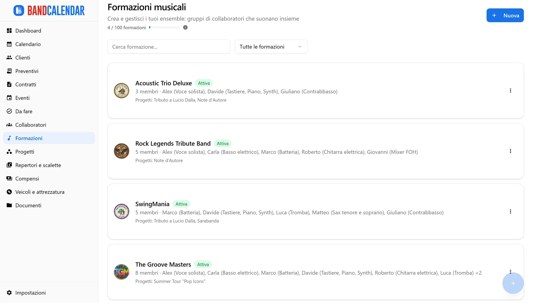 Lista formazioni BandCalendar con card, stato, membri e progetti associati