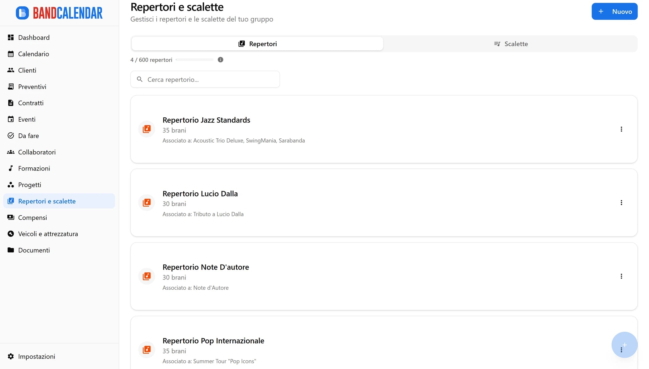 Lista repertori BandCalendar con numero brani, durata totale, associazioni ed export