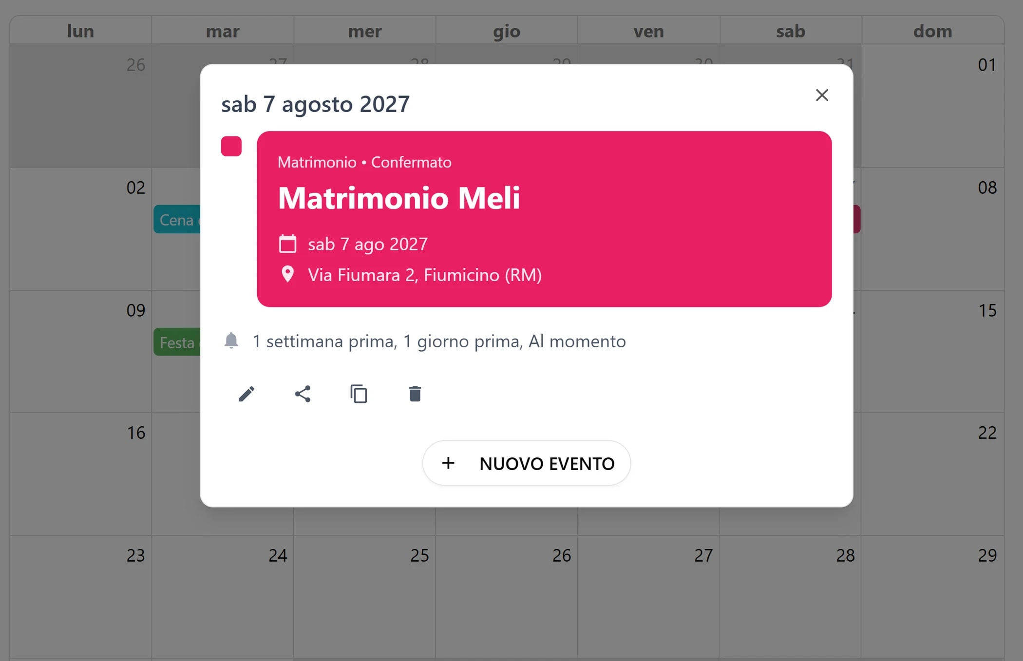 Popup rapido evento nel calendario BandCalendar con dettagli, data, luogo e azioni contestuali